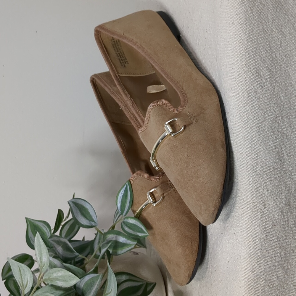 Tan and Gold Faux Suede Loafer Flats
